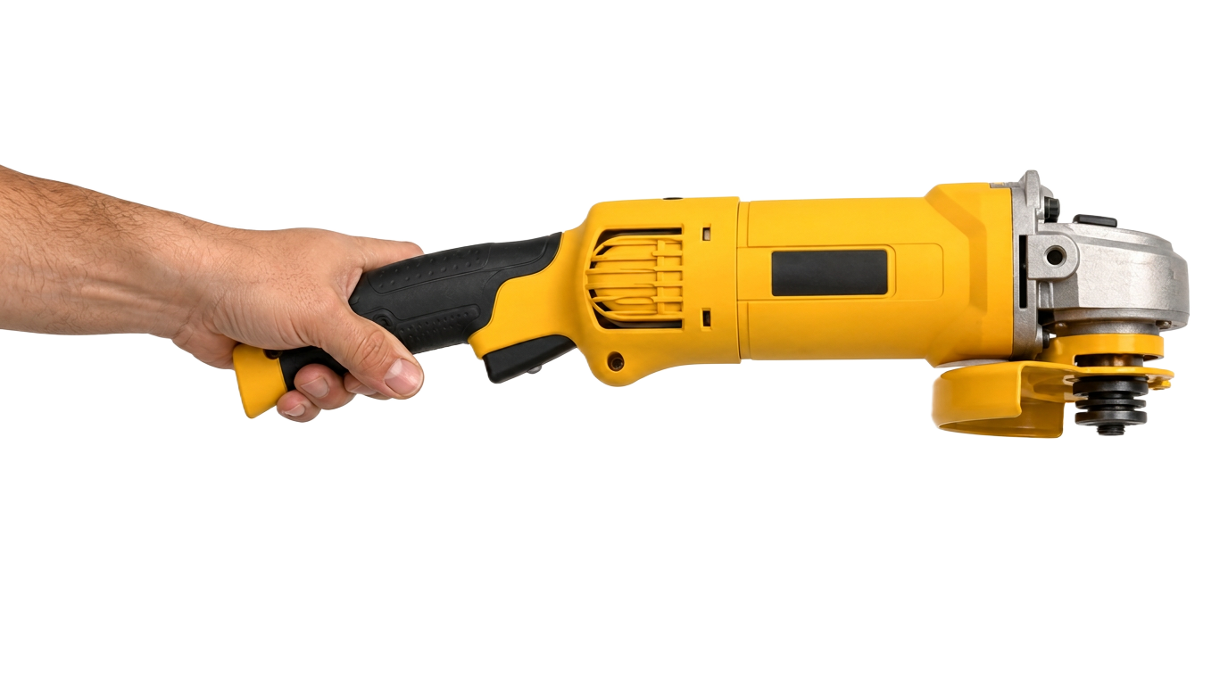 Hand holding a yellow angle grinder fitted with a dark grey emery cut-off disc